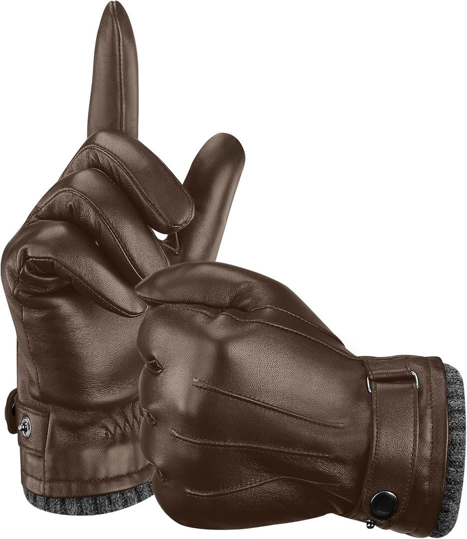 Aegend Leather Gloves for Men, Soft Warm Lining Full Hand Touchscreen Winter Gift Thermal (Small, Brown - Genuine Leather)