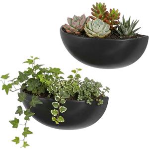 MyGift Matte Black Ceramic Indoor Wall Planter, 12 Inch Semi Circle Hanging Wall Vase, Set of 2