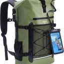 ECOHUB Waterproof Backpack for Women Men, 30L Roll-Top Closure Heavy Duty Dry Bag for Travel with IPX8 Waterproof Phone Case (Green)