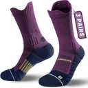Compression Running Socks 3 Pairs, Cushion Crew Socks, Anti-Blister Moisture Wicking Athletic Hiking Basketball Socks (6-9, Purple)