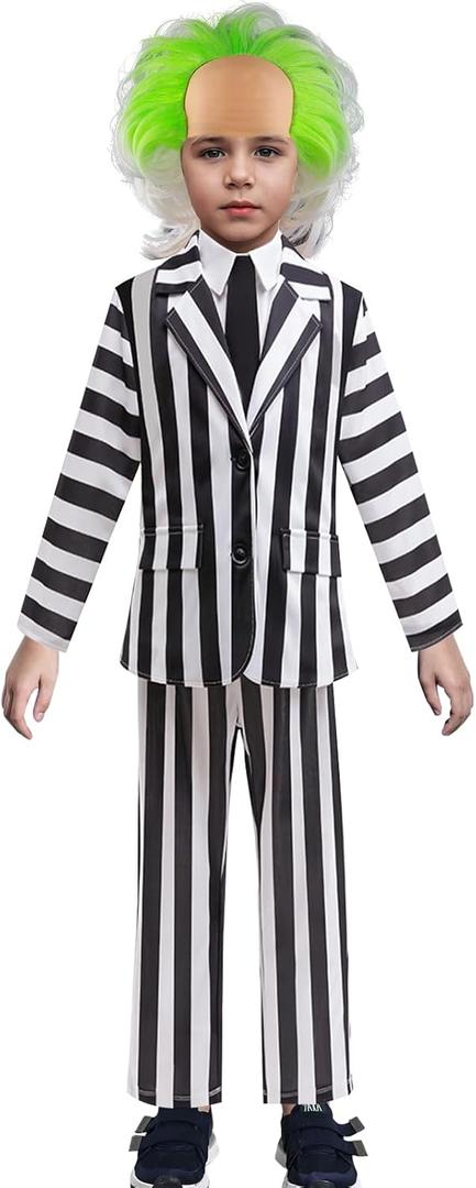Kids Beetle Ghost Movie Cosplay Costume Black and White Stripe Jacket Shirt Pant Set Boys Halloween Suit with Wig (130(Height:47-51Inch))