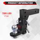 TYT Adjustable Trailer Hitch Ball Mount, 2" Towing Ball 7500 LBS, 9-1/2" Drop and 8-1/4" Rise, Fits 2-in Receiver with 2 Pin&Clips and 5/8" Premium Pin Lock for Heavy Duty Truck