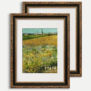 11x14 Picture Frame, Ornate Embossing Frame with Paper Mat and Real Glass, Fit for 11x14 without Mat or 8x10 with Mat, Wall Mounting Display for Art Prints, Black and Antique Gold, 2 Pack