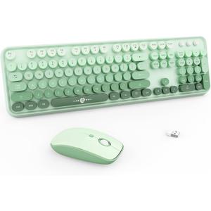 FOPETT Wireless Keyboard and Mouse Combo - 2.4G Full-Sized Cute Colorful Mouse and Keyboard with 104 Round Keys Retro Typewriter Keyboard for Laptop/Windows/PC - Green Gradient