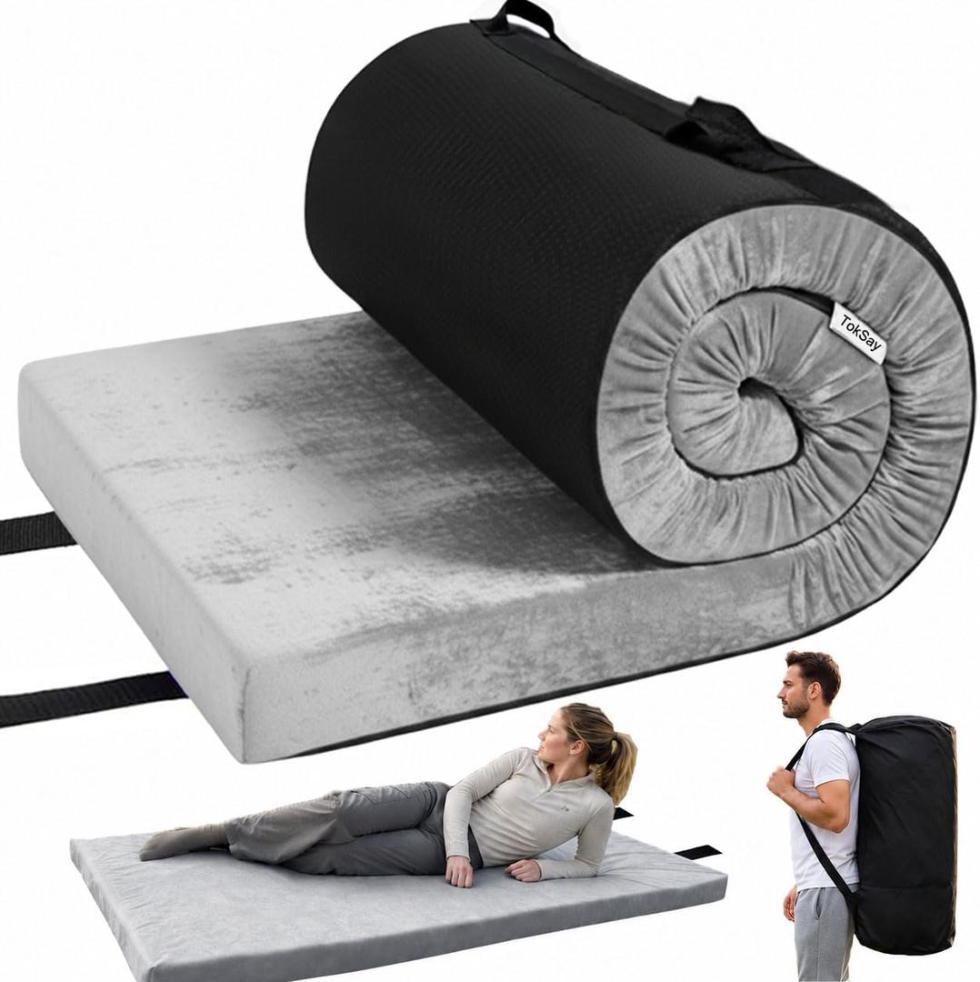 Foam Camping Mattress, Sleeping Pad with Washable Cover & Bag | 30D high-Density Foam, Washable Plush Cover, Non-Slip Bottom and roll-up Travel Bag for Camping, Tent, car, Floor and Guests.