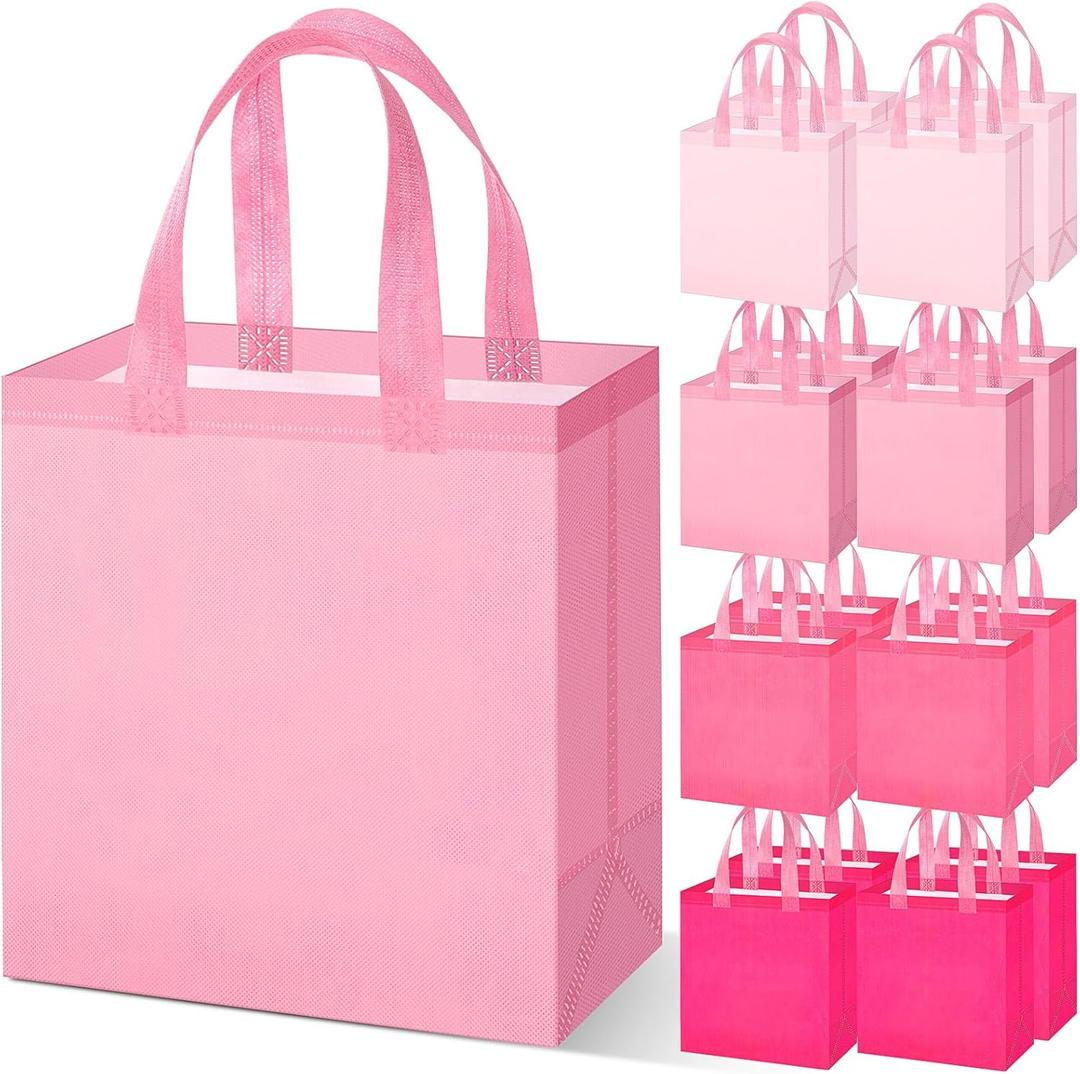 Sweetude 16 Pcs Mother's Day Pink Gift Bags with Handles Spring Non Woven Goodie Bag Reusable Party Favors Bag for Women Bridal Shower Wedding Birthday Baby Shower