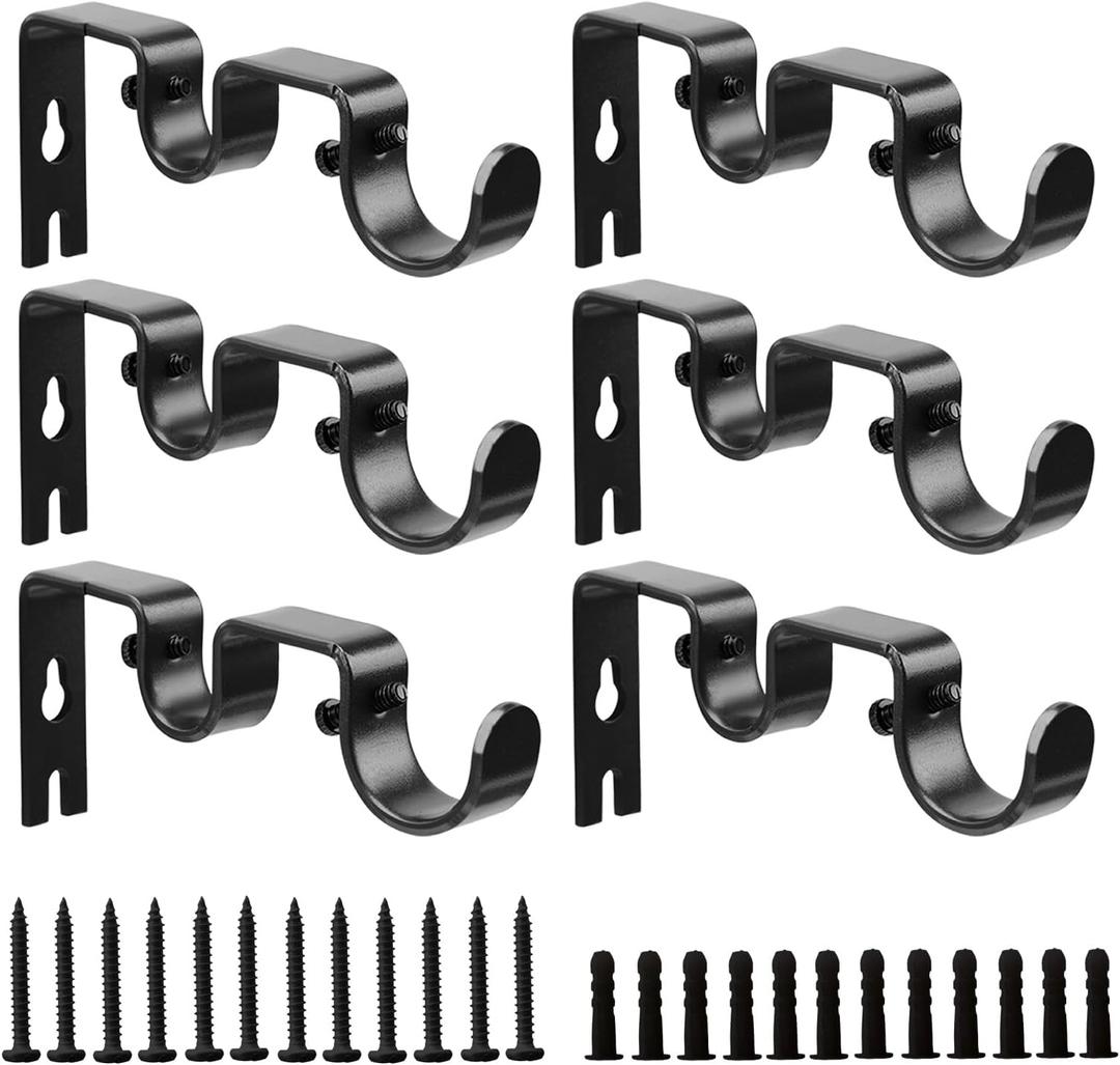Double Curtain Rod Bracket,6 Pack Metal Curtain Rod Holders for Wall,Sturdy Curtain Rod Brackets for 1 Inch Curtain Rod,Black Wall Mounted Curtain Rod Hooks for Bedroom Living Room Patio