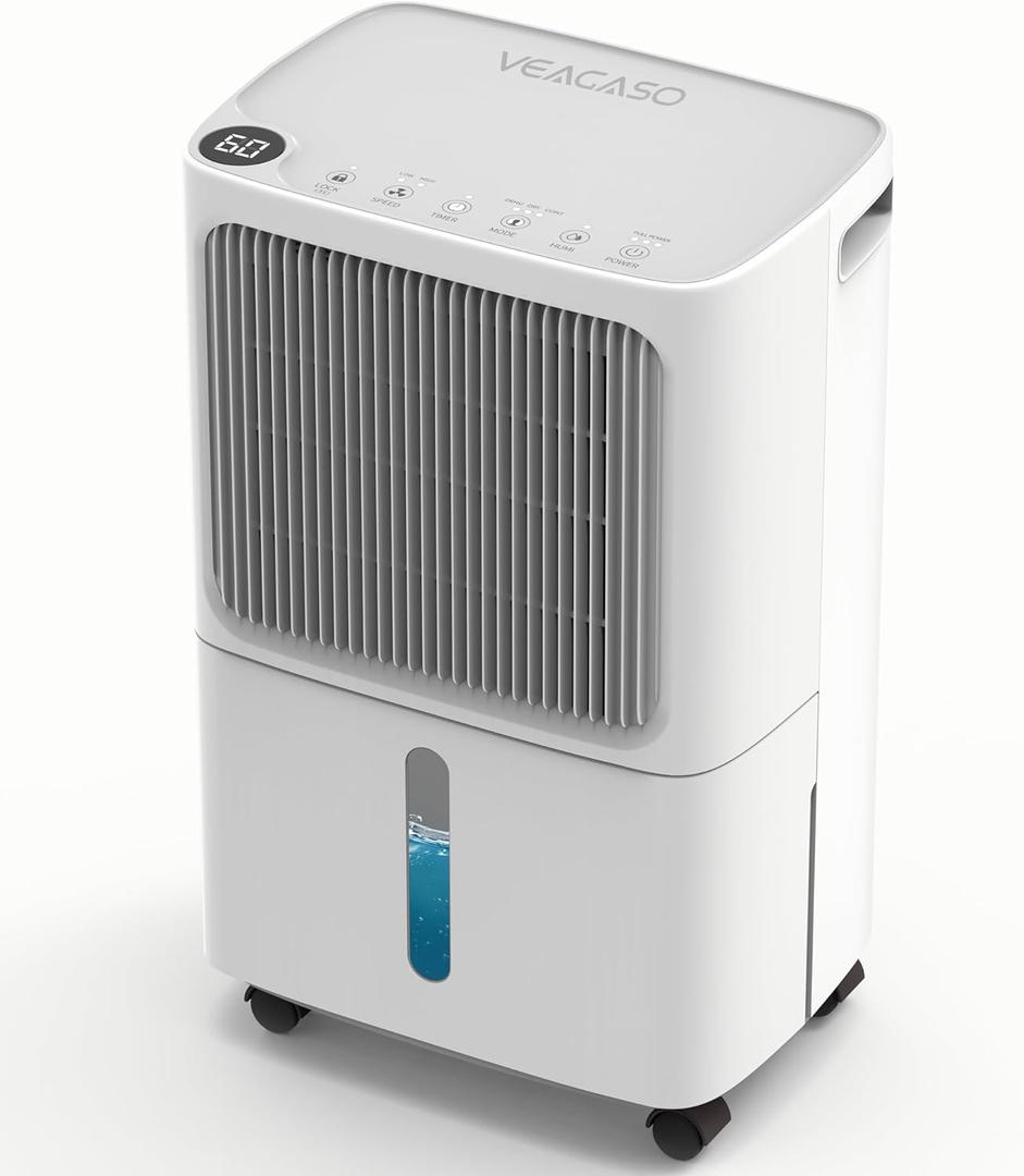 VEAGASO 2500 Sq. Ft Dehumidifier for Basement, 34 Pint Dehumidifiers For Home, Large Room, Auto Drain or Manual Drainage, Digital Control Panel, Auto Defrost, 24H Timer (White)