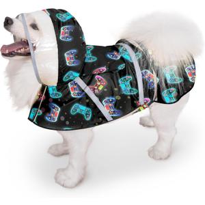 Dog Raincoat, Adjustable Rain Jacket with Hooded Double Layer for Large Medium Small Dogs Puppies, Lightweight Waterproof Rain Coat Poncho with Reflective Stripe Game Controller Black,Medium