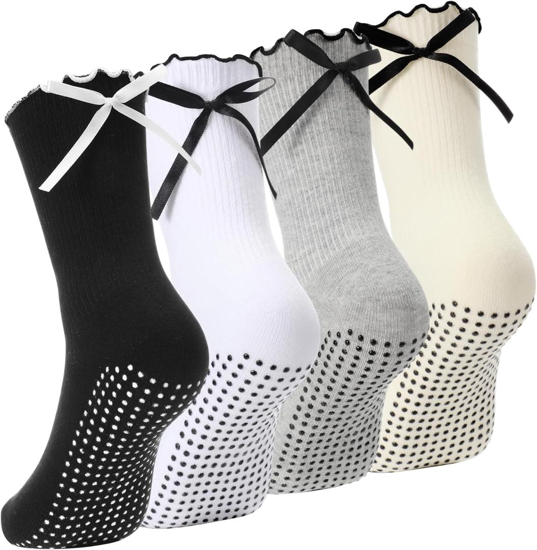 Jeyiour 4 Pairs Cute Pilates Grip Socks for Women, Ruffle Non-slip Grippy Yoga Socks with Bow for Gym Ballet Workout (Neutral)