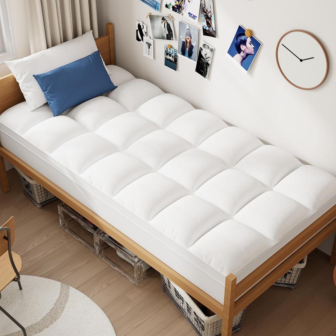 ELEMUSE Twin XL Mattress Topper for College Dorm Room Essentials, Thick Extra Long Twin Mattress Pad for Back Pain Relief, Plush Pillowtop with Elastic Deep Pocket, Overfilled Down Alternative Filling (White)