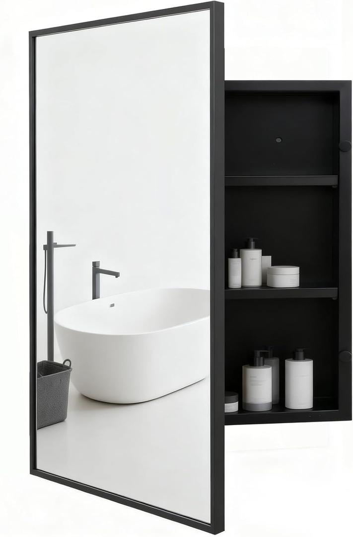 Brushed Sliver Metal Medicine Cabinet Right-Angled Rectangle-Design | Bathroom Mirror with Storage, Recessed or Surface Mounted, 2 Adjustable Metal Shelves (Brushed Black, 16x24)