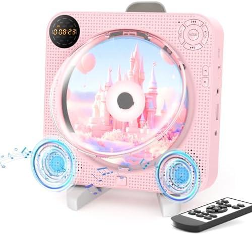 Portable Bluetooth CD Player with Speakers - Small Wall CD Player for Home with Remote Control FM Radio Digital Screen Headphone Jack,Support AUX in Cable&USB,Pink Kpop Player
