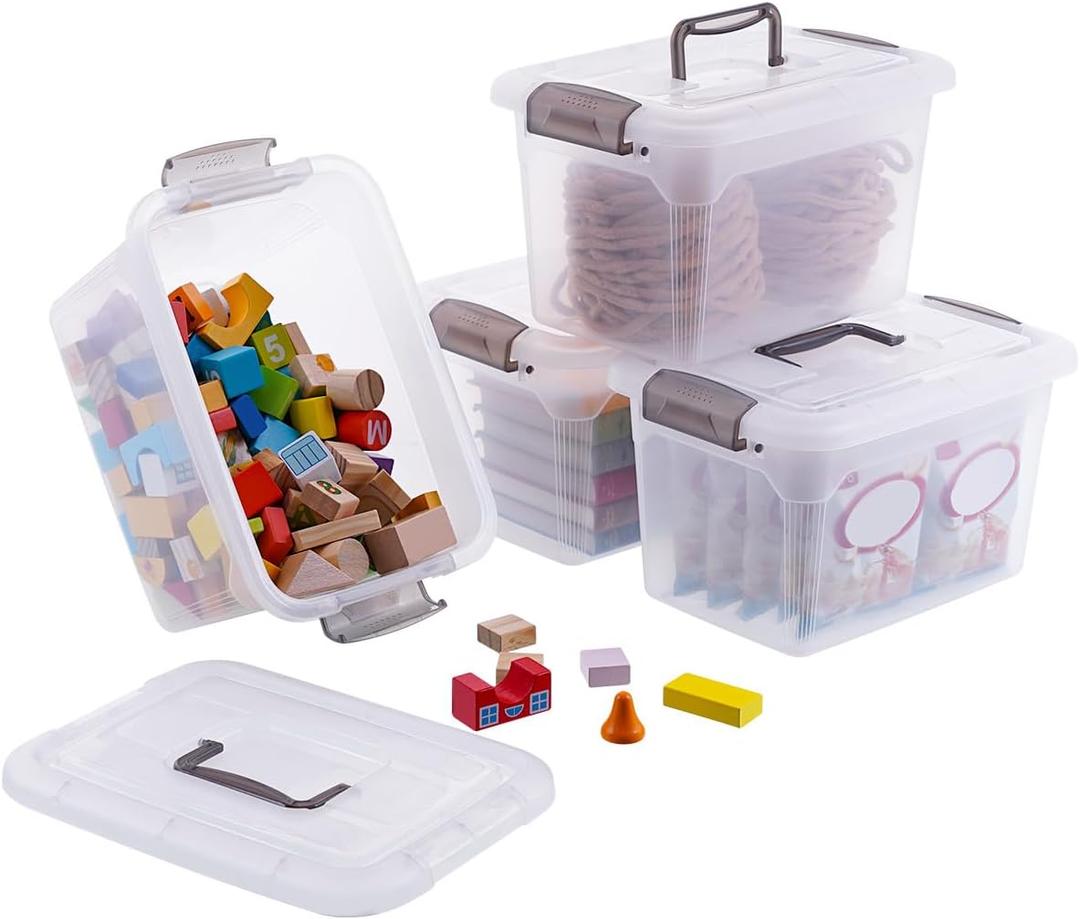 Citylife 4 Packs 6 QT Storage Bins with Lids Clear Plastic Bins with Grey Handle Stackable Storage Containers for Organizing