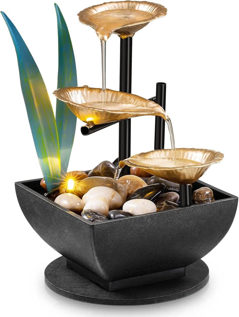 Tabletop Fountain Desktop Fountain 3-Tier Indoor Golden Lotus Leaf Relaxation Fountains Tabletop Waterfall, Office Home Decor Including Lots of Natural River Rocks and Warm Yellow Scene Light