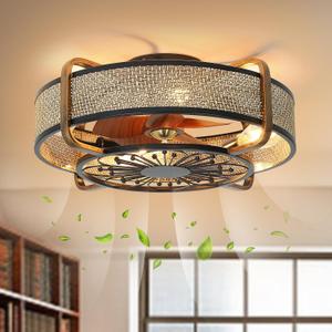 Caged Fandelier With Light and Remote - 21" Rattan Low Profile Enclosed Ceiling Fan, 6 Speeds Reversible Motor, Flush Mount, Black