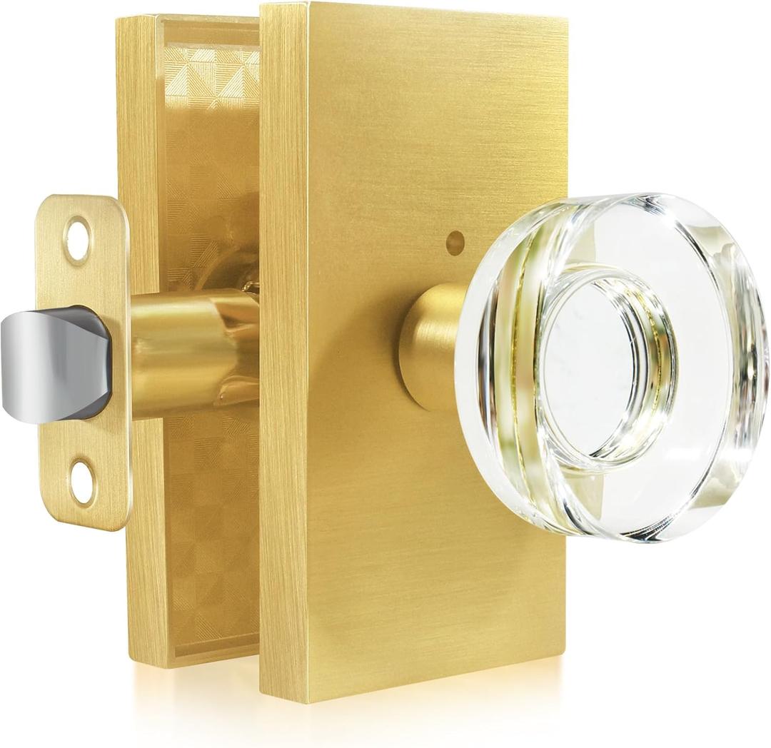 Crystal Glass Door Knobs Satin Brass,Privacy Gold Door Knob Interior with Lock for Bed/Bath (Privacy 1 Pack)