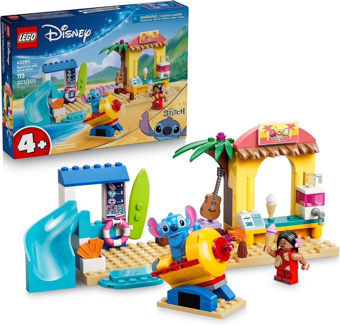 LEGO Disney Beach Fun with Lilo & Stitch 43280 | Building Toys for Girls & Boys, Ages 4+, Develops Fine Motor Skills, 2 Minifigures, 113 pieces, Gift for Birthdays