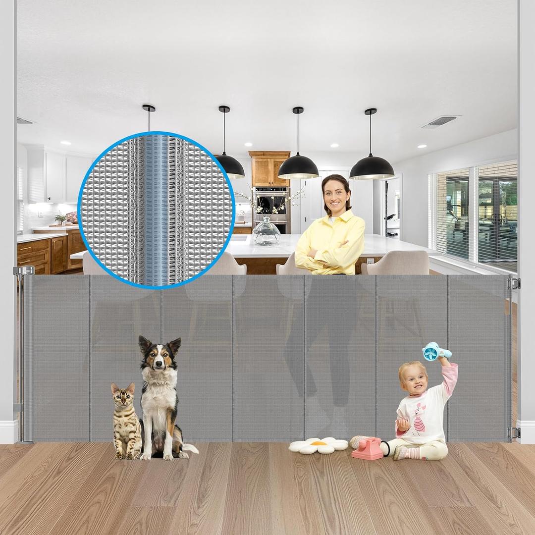 Reinforced 42" Extra Tall X 120" Extra Wide Retractable Dog Gate for Doorways Wide Pet Gate Indoor Prevent Kid/Pet Jumping Over Tall Retractable Baby Gates for Dogs Outdoor Dog Gates for Doorways, Gray, 42" Tall x 120" Wide（ With Reinforced Bar ）