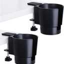 Universal Large Desk Cup Holder Clamp on, Heavy Duty Plastic Drink Holder for Table, Porch Swing, Patio Chair, Clip On Anti-Spill Bottle Holder for Most Cups, Bottles, Cans, Tumbles, Black, Pack of 2