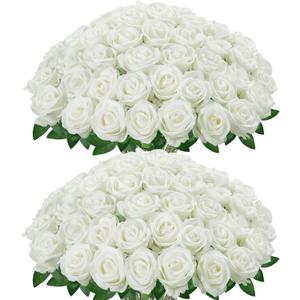 InnoGear 100 Pcs White Roses Artificial Flowers, Fake Velvet Silk Rose Bulk Faux Flower for Decoration DIY Wedding Centerpieces Proposal Bridal Bouquets Shower Party Home Floral Decor (100, White)