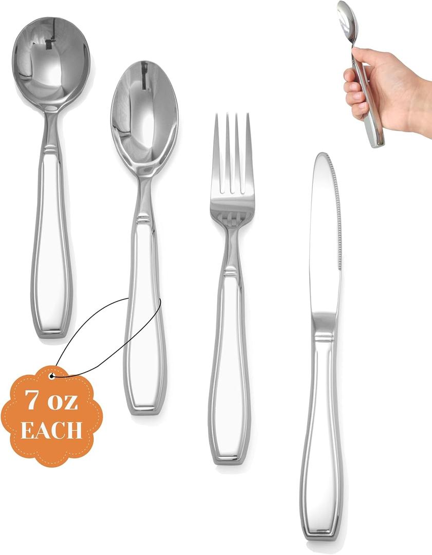 4-Piece Weighted Utensils for Tremors and Parkinson's (7 oz Each) - Weighted Silverware for Hand Tremors, Adaptive Utensils for Elderly