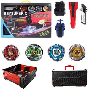 Burst Gyro All in One Portable Battle Arena Set, 4 Metal Fusion Attack Spinning Tops with 2 Two-Way Launchers & 2 Handles, Gyro Battling Game Toy Gift for Kids Boys Ages 6 7 8 9 10+ (CX01-4A)