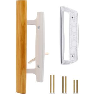 Sliding Glass Patio Door Handle Replacement Set with Oak Wood Inside Handles and Zinc Diecast Outside Pull, 3-15/16" Hole Spacing, Non-Handed, White