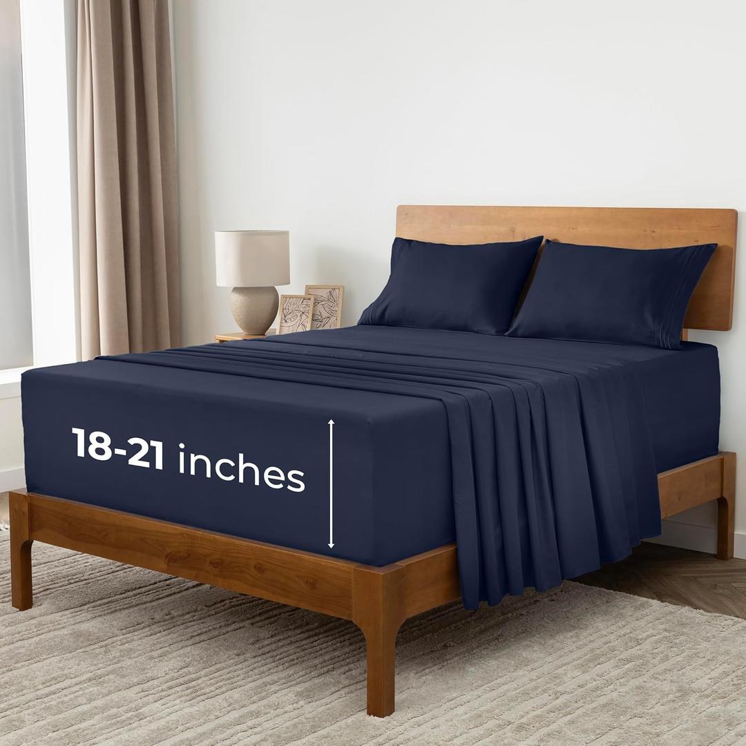 Mellanni Extra Deep King Sheets - 4 PC Iconic Collection Bedding - Hotel Luxury, Ultra Soft, Cooling Bed Sheets - Wrinkle, Fade, Stain Resistant (King, Navy Blue)
