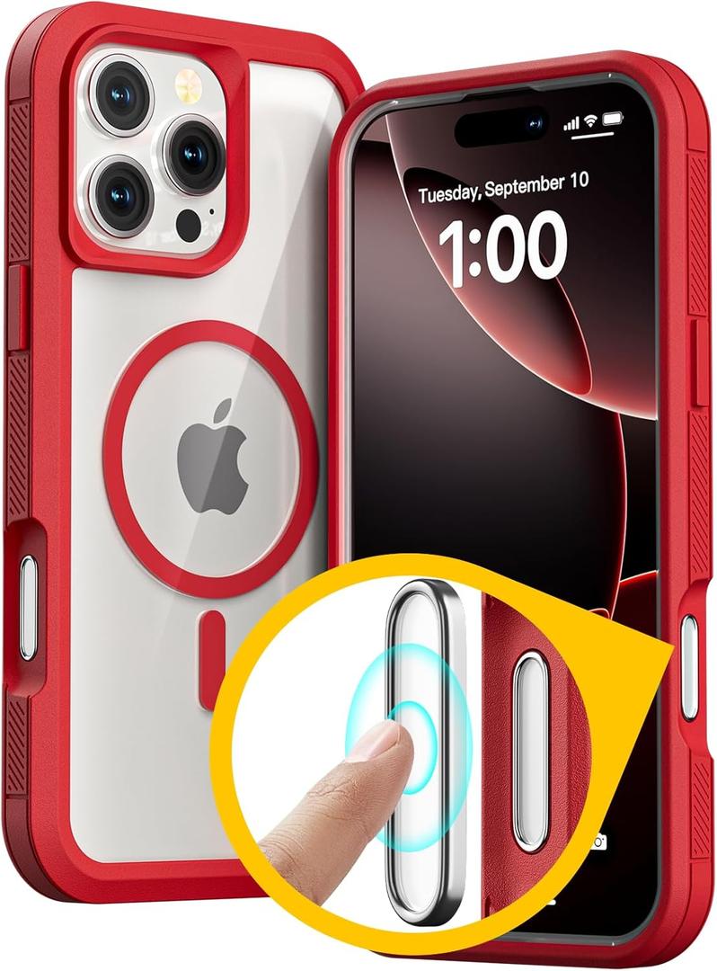 Follaroma for iPhone 16 Pro Case with Camera Control Capture Button, Compatible with MagSafe, Heavy Duty Shockproof Protection Phone Case, Anti-Drop, Transparent Magnetic Phone Cover, 6.3'', Red