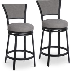 Bar Stools Set of 2, 25 Inch Metal Counter Height Bar Chairs, Modern Faux Leather 360 Round Swivel Barstools with Back, Counter Stools for Kitchen Island, Pub, Grey (Grey & Black)