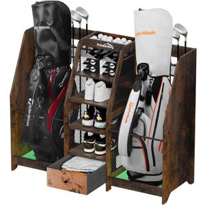 Golf Bag Storage Organizer for Garage, Premium Wooden 2 Golf Bags Rack with Drawer, Easy Assemble Golf Club Stand/Holder Suitable for Garage Home Simulator and Office