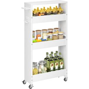 XYZLVSI Slim Storage Cart, 4 Tier Rolling Kitchen Cart on Wheels for Small Space, Narrow Laundry Bathroom Organizers Mobile Shelving Unit Metal Utility Cart with Handle, 5.9in Width, White