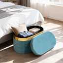 30.7 Inches Oval Ottoman Bench with Storage, Velvet Folding Footrest Ottoman, Soft Seat Cushion for Living Room, Entryway, Bedroom, Blue, 30.7"D x 15"W x 15"H