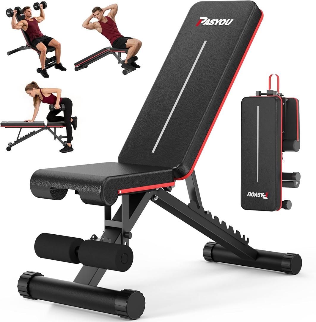 PASYOU Adjustable Weight Bench for Home Gym, Foldable Workout Benches with 660LBS, Exercise Bench for Incline Decline Flat Bench Press, Foldable Strength Bench for Daily Training