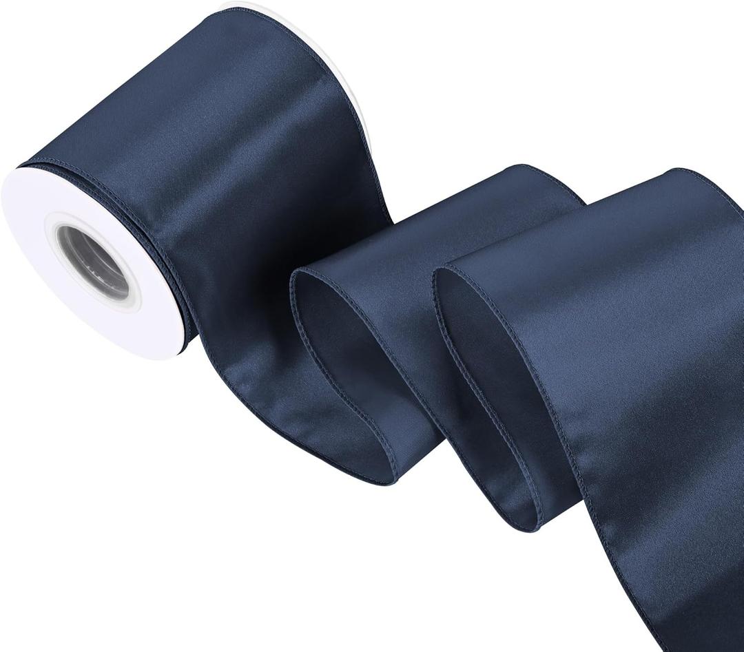 Navy Blue 4 Inch 15 Yards Satin Wired Ribbon Easter Ribbons for Gift Wrapping Bows Making Home Decor Wreaths Garland Crafts Christmas Tree Bows