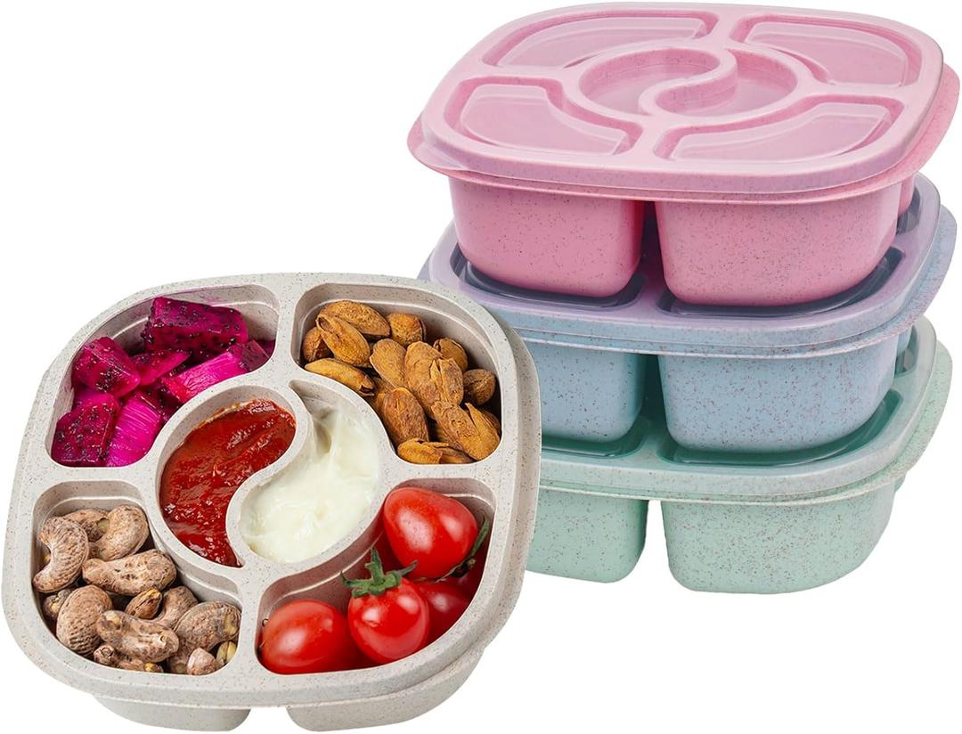 4 Pack Snack Containers, 6 Compartments Bento Snack Boxes, Reusable Meal Prep Lunch Containers BPA-Free, Divided Food Storage Containers for Work Travel