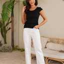 Women Shirts Crew Neck Ribbed Slim Fitted Side Ruched Basic Tops for Woman Cap Sleeve Summer Casual T Shirts Black XL