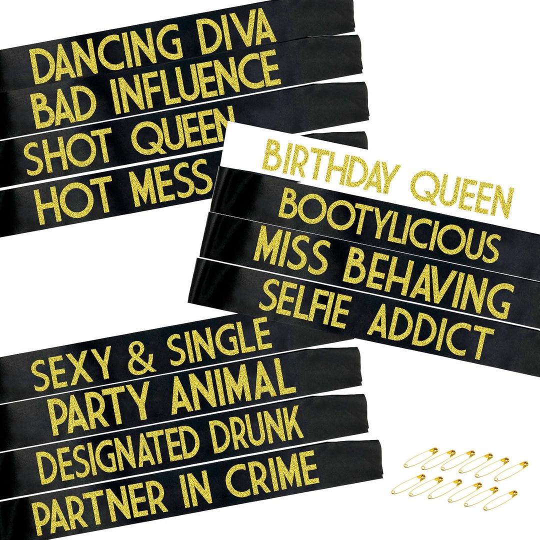 12 Pack Queen Sashes for Women - Birthday Squad Sash Set, Funny Gifts Sashes for Women's Birthday Party Supplies (Black + White + Gold Glitter Letters)