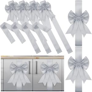 Syhood 8 Pieces Christmas Cabinet Big Bows Door Decorative Ribbon Festive Large Cabinet Ribbon Bows for Kitchen Cabinets Furniture Room Decorations (Silver)
