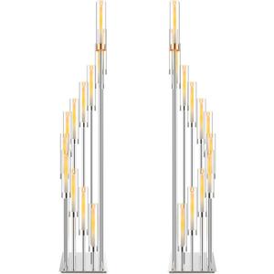 Dandat 2 Pcs 12 Arm Wedding Candelabras Candle Holder 57.5 Inch Tall Cluster Centerpieces Floor Candelabra Standing with Clear Acrylic Electronic Candle Shades for Birdal Shower Party Favors(Silver)