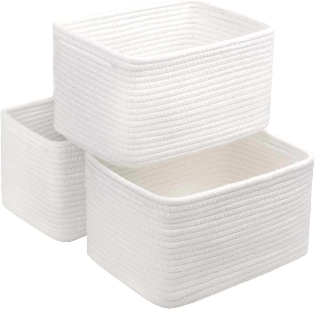 Small Cotton Rope Storage Basket Set of 3-11"x7"x7" Perfect Woven Baskets for Storage, Ideal Storage Baskets for Organizing Toys, Towels, and More - Baskets for Shelves and Home DecorWhite