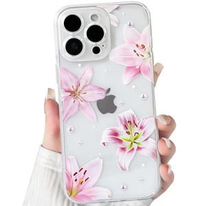 NITITOP Compatible with iPhone 14 Pro Case Clear Cute Pink Lily Blossom Floral Flowers Pattern for Girls Women Soft TPU Transparent Shockproof Protective Phone Cover - Pearl