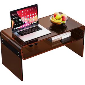 Acrylic Coffee Table for Living Room Clear Rectangle Lucite Table with Open Storage Shelf (1, Dark Brown, Nomal)