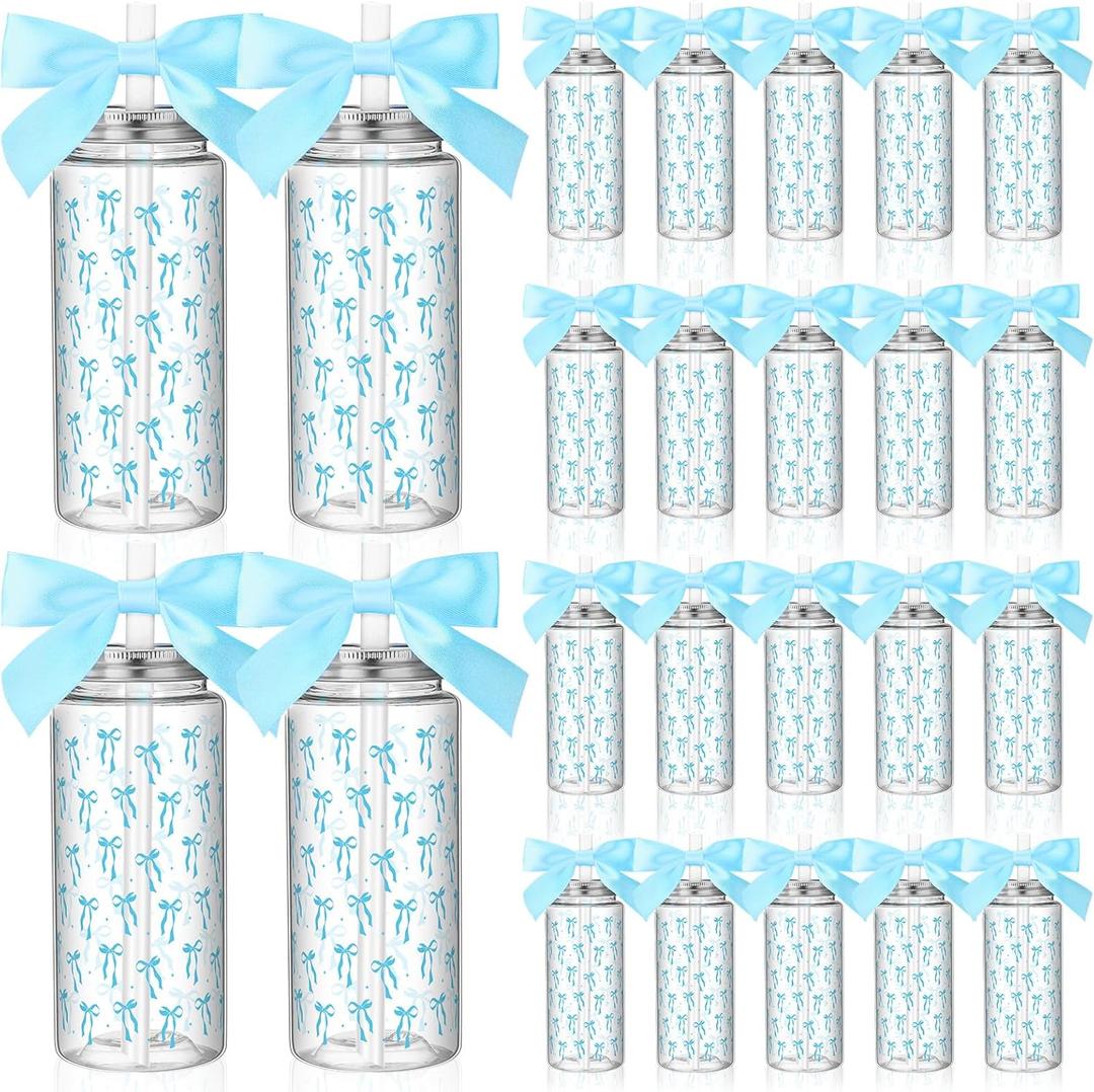 24 Pcs Blue Bow Plastic Cups Coquette Bow Aesthetic Cup with Lids and Straws 14 oz Reusable Cute Bow Plastic Tumbler with Ribbon Bow for Women Birthday Bridal Shower Wedding Party Supplies
