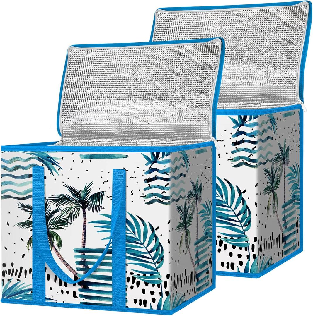 BALEINE 2Pk Insulated Reusable Grocery Bags, Collapsible Cooler Bag for Groceries, Heavy Duty Large Insulated Bag (16''x9''x13'', Island Breeze)