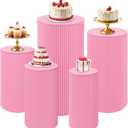 Fivenl 5 Pcs Metal Pleated Cylinder Pedestal Stands for Party, Heavy Duty Pink Round Cake Pedestal Stand Flower Plant Display Plinth Pillars for Wedding Birthday Event Decor (Pink)