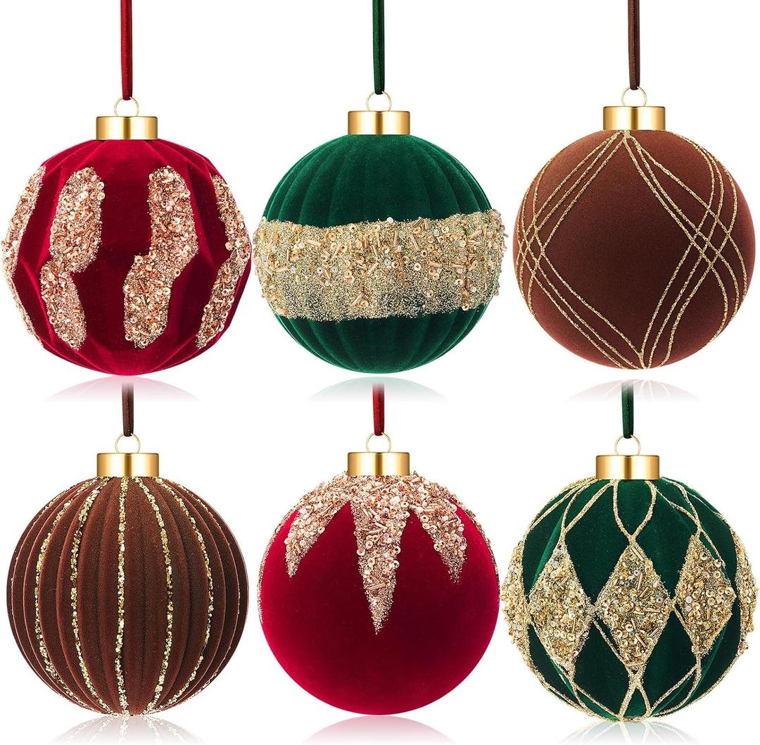 Liliful 6 Pcs Large Beige Brown Green Velvet Christmas Ball Ornaments 4 Inch Flocked Glitter Christmas Ornaments Sequin Elegance Shatterproof Modern Hanging Decoration for Xmas Tree Mantle Home Decor