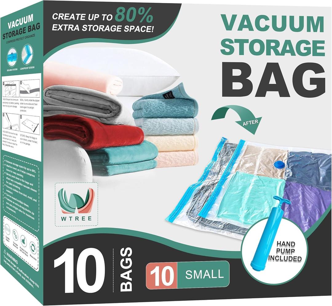 Vacuum Storage Bags, Space Saver Bags, Vacuum Sealed Bags for Comforters, Blankets, Clothes Storage, Hand Pump Included, 10-Small (Clear)