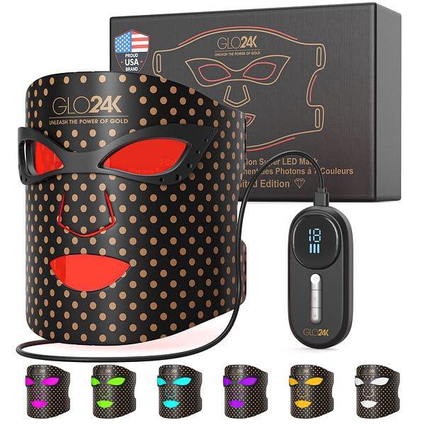 GLO24K LED Face Mask Light Therapy – Red Light Therapy Mask with 7 Color Modes, Infrared LED Facial Mask, Rechargeable Skin Care Device for At-Home Use